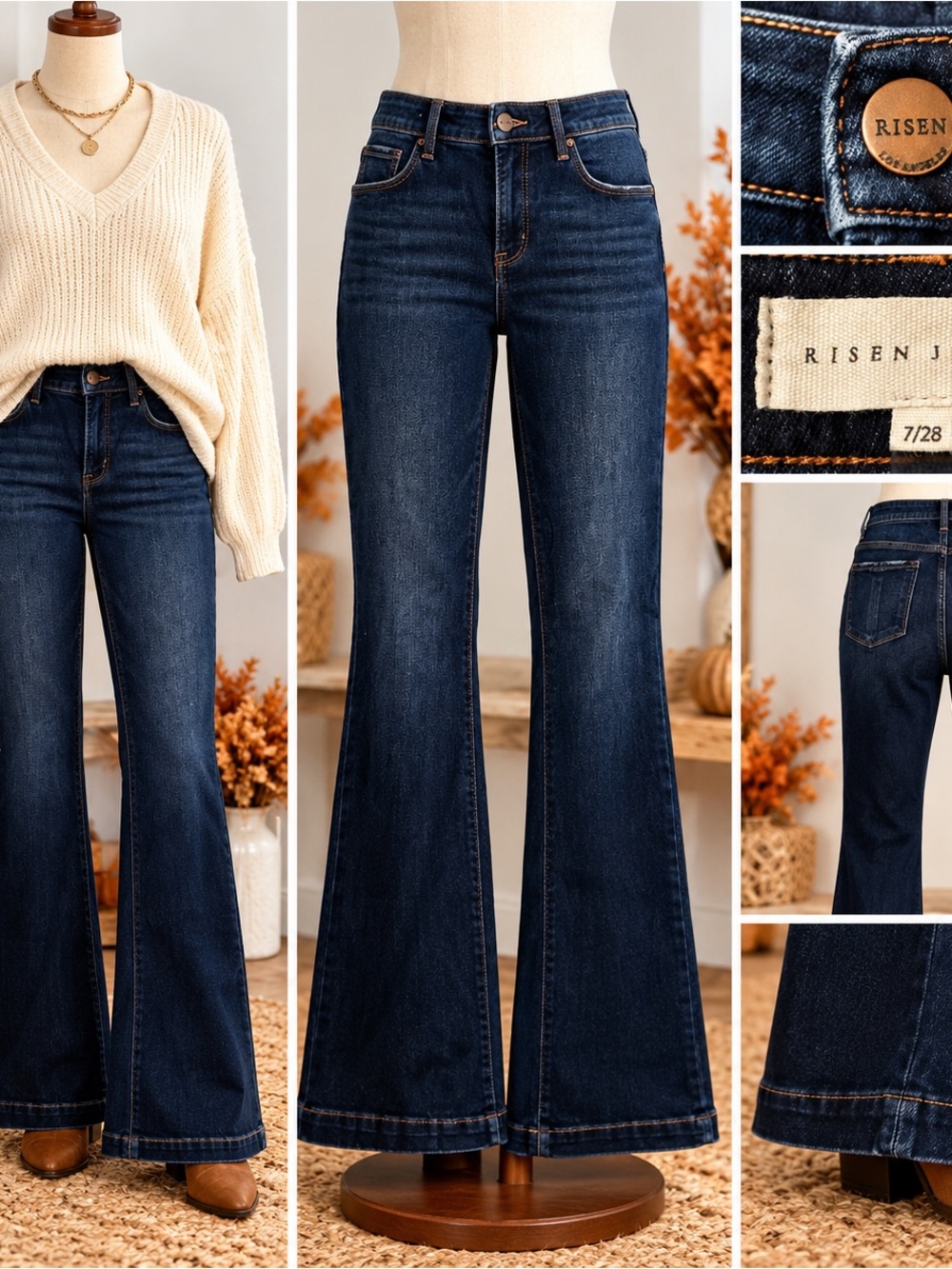 Risen Jeans 7/28 Dark Wash High Rise Flare Bootcut Stretch Denim Jeans